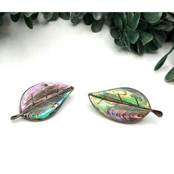 Vintage Leaf Shaped Abalone Shell & Sterling Silver Brooch Set - Picture 1 of 5